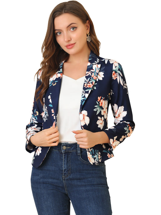 Allegra K Open Front Business Casual Workwear Crop Suit Blazer Jacket Deep Blue-Floral