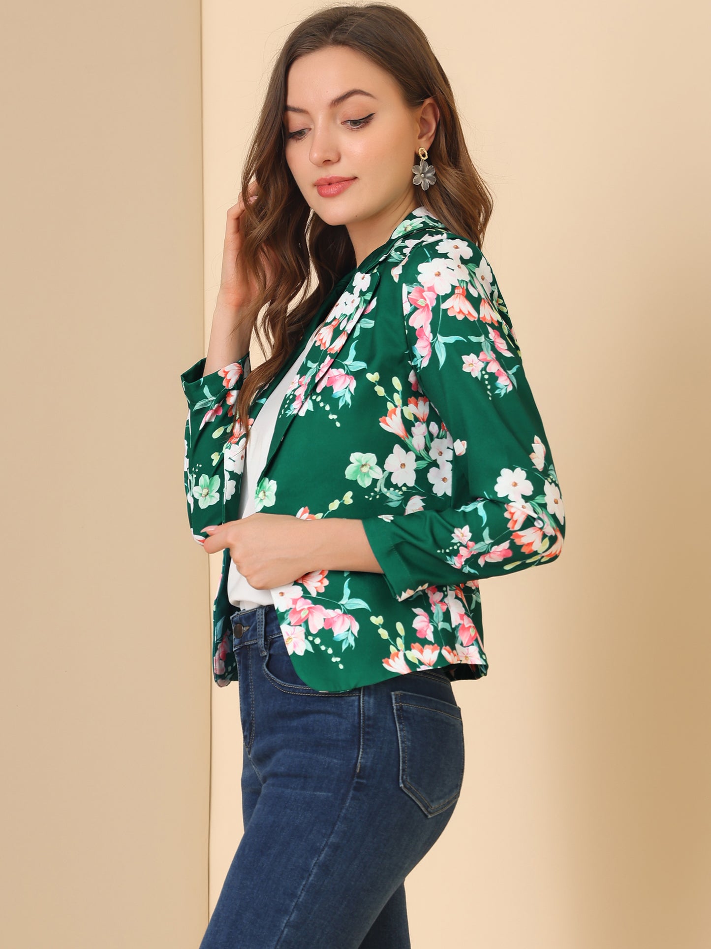 Allegra K Open Front Business Casual Workwear Crop Suit Blazer Jacket Green-Floral