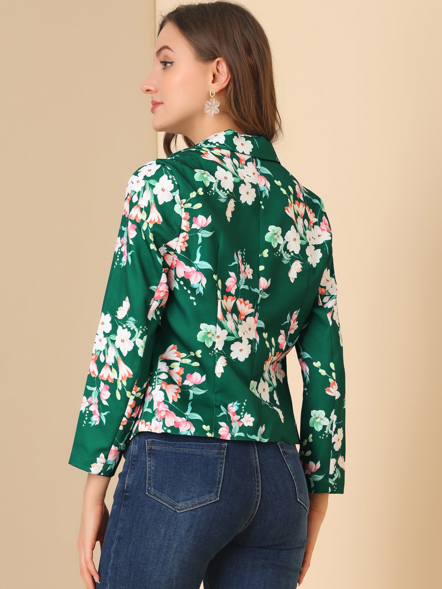 Allegra K Open Front Business Casual Workwear Crop Suit Blazer Jacket Green-Floral