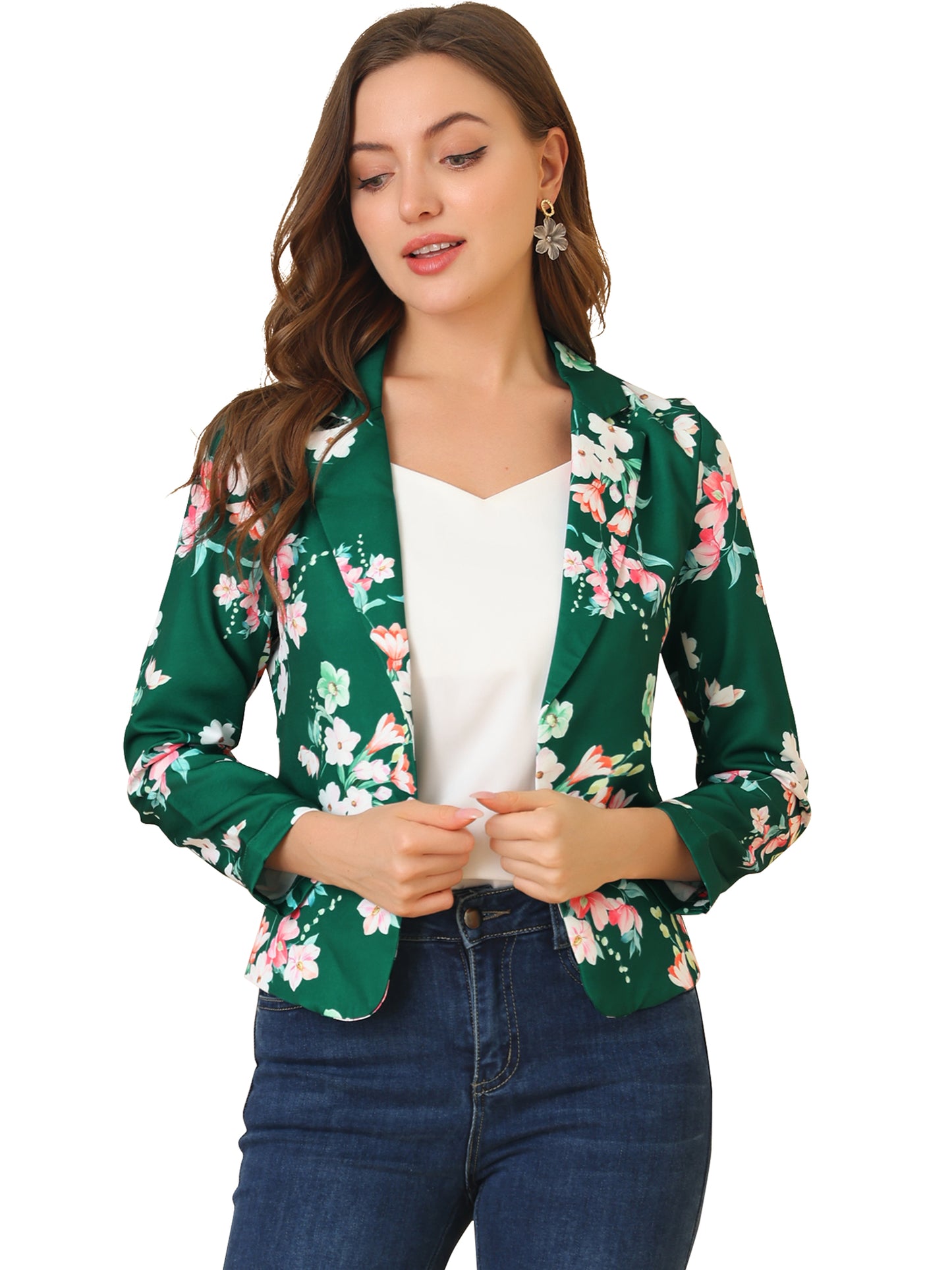 Allegra K Open Front Business Casual Workwear Crop Suit Blazer Jacket Green-Floral