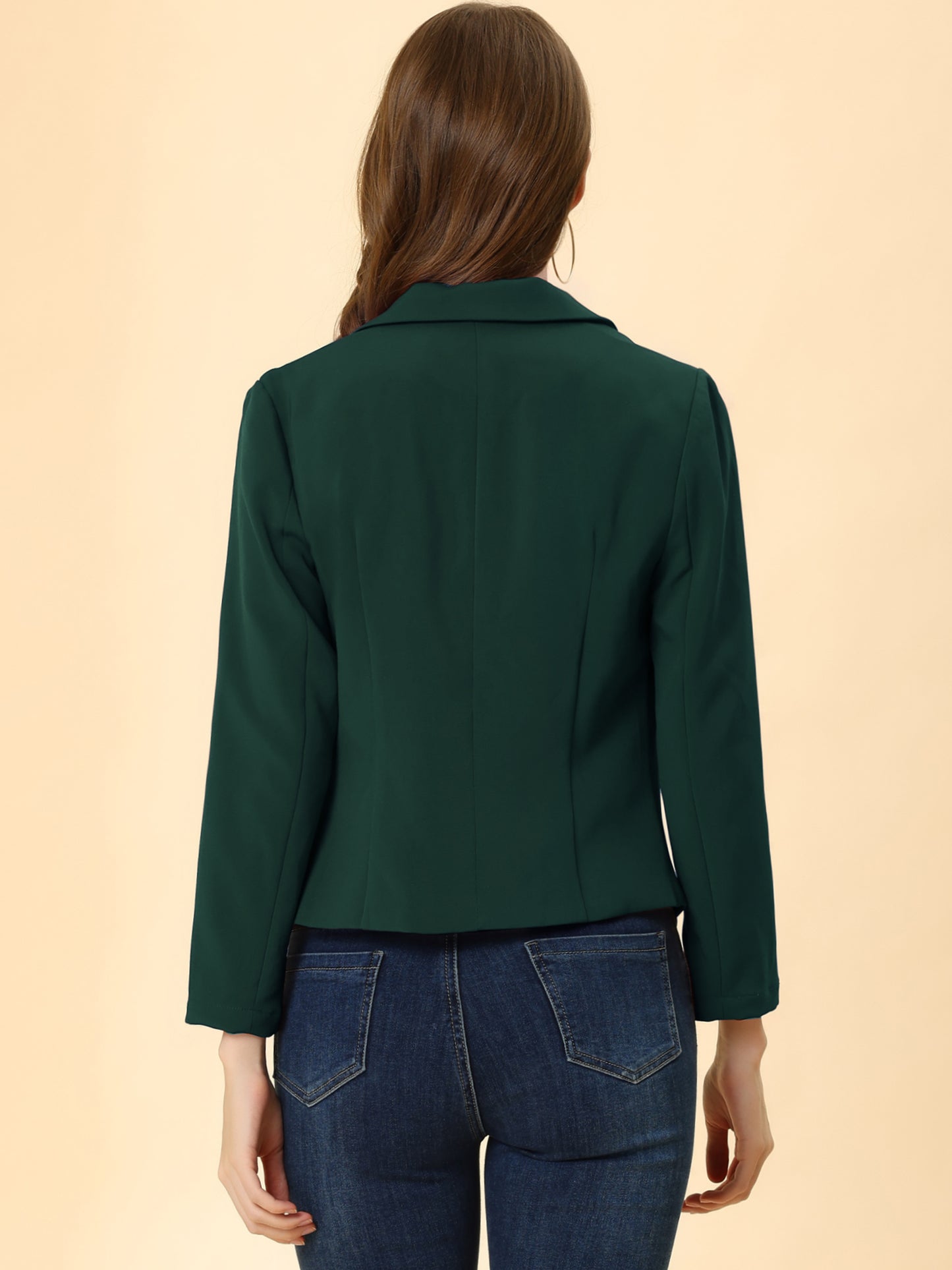 Allegra K Open Front Business Casual Workwear Crop Suit Blazer Jacket Green-Solid