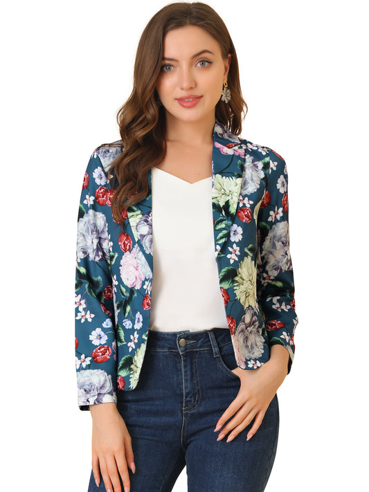 Allegra K Open Front Business Casual Workwear Crop Suit Blazer Jacket Grey Blue-Floral