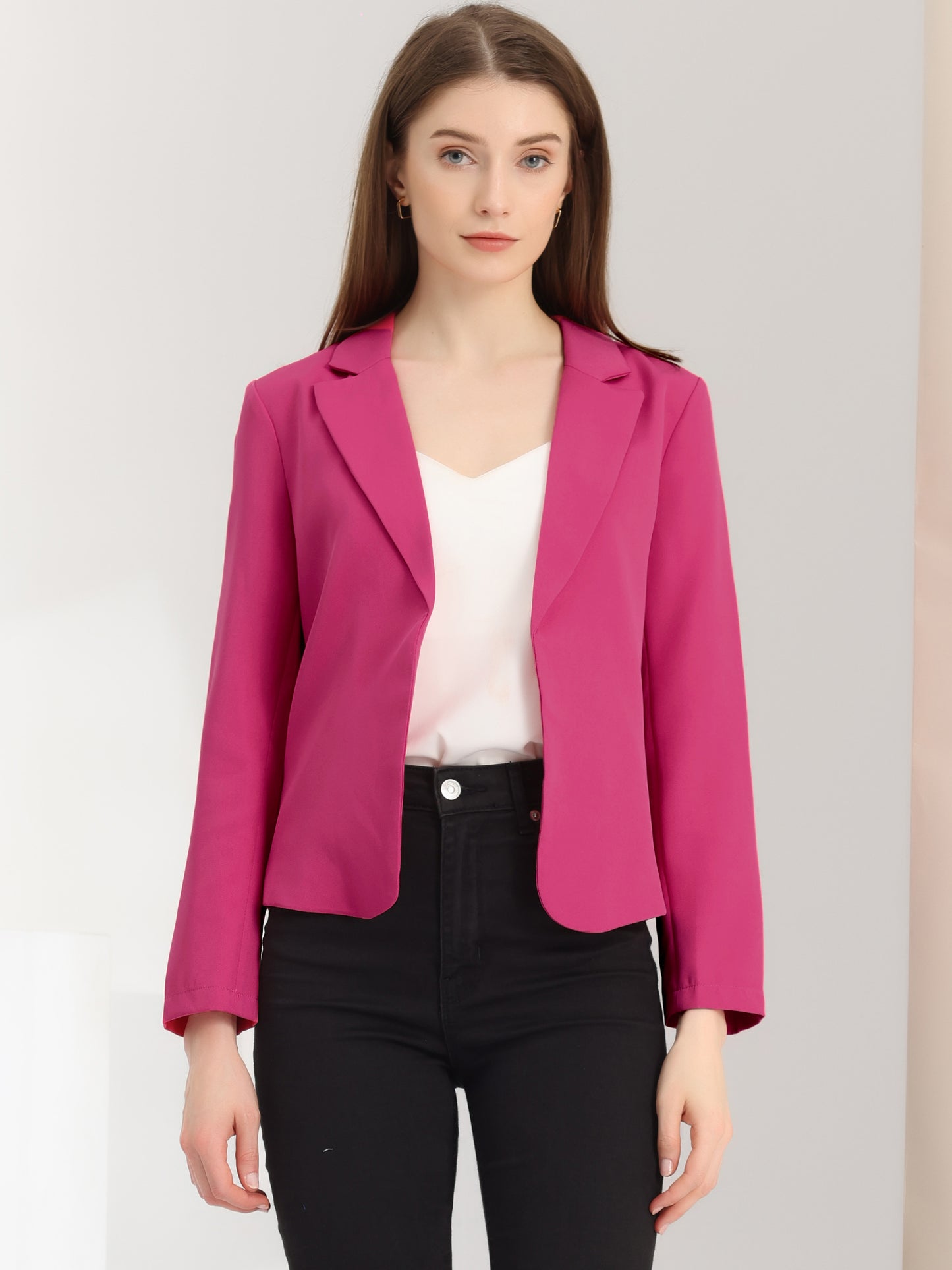 Allegra K Open Front Business Casual Workwear Crop Suit Blazer Jacket Hot Pink-Solid