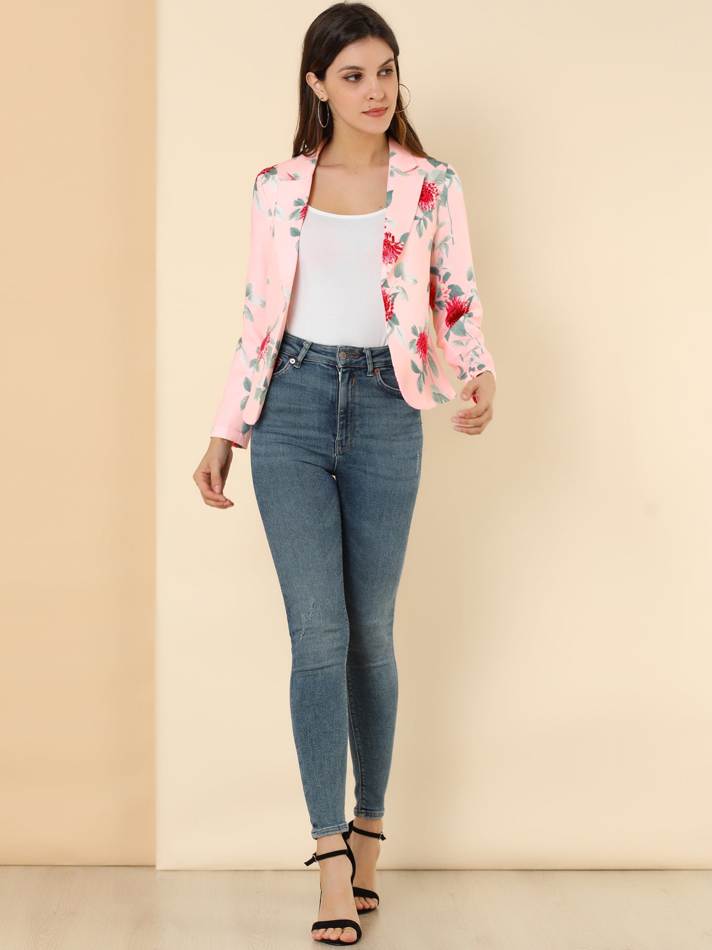 Allegra K Open Front Business Casual Workwear Crop Suit Blazer Light Pink-Floral