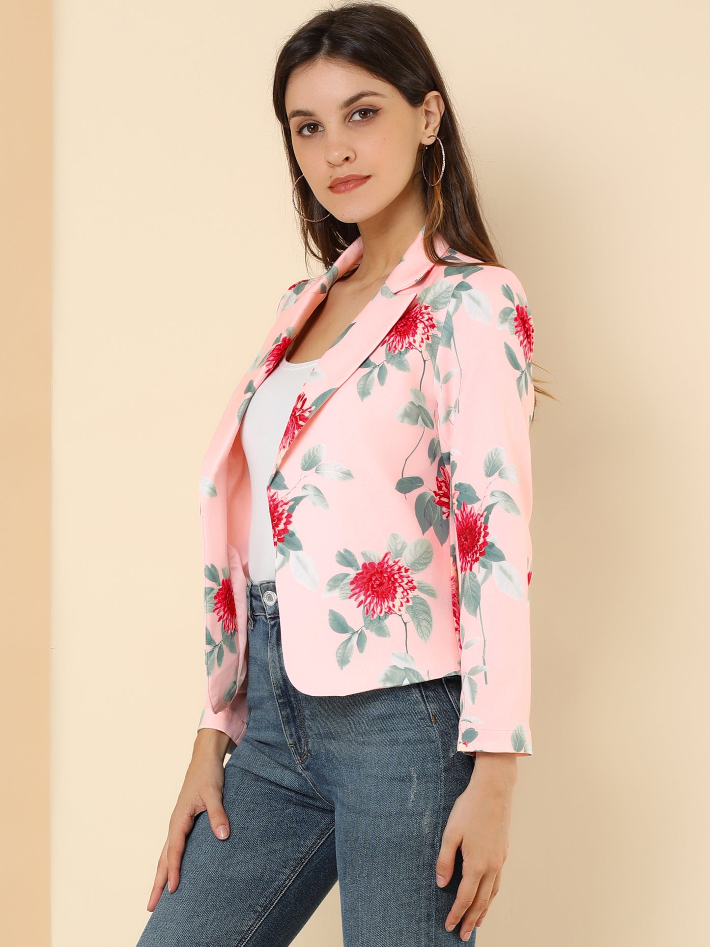 Allegra K Open Front Business Casual Workwear Crop Suit Blazer Light Pink-Floral