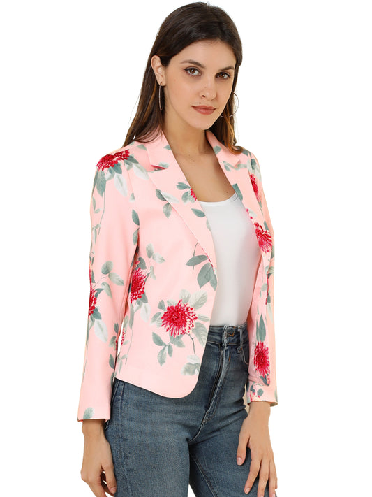 Allegra K Open Front Business Casual Workwear Crop Suit Blazer Light Pink-Floral