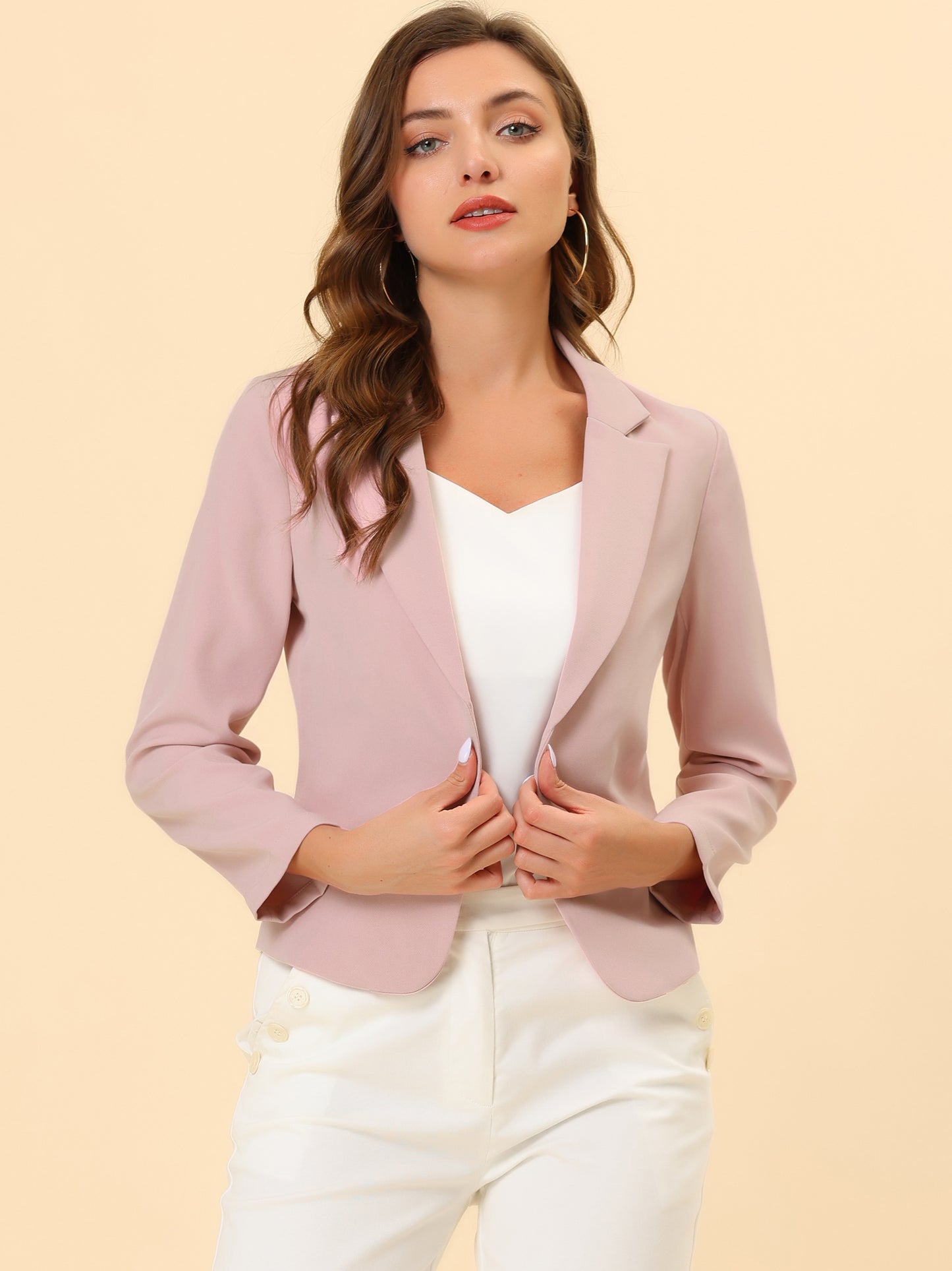 Allegra K Open Front Business Casual Workwear Crop Suit Blazer Jacket Pink-Solid