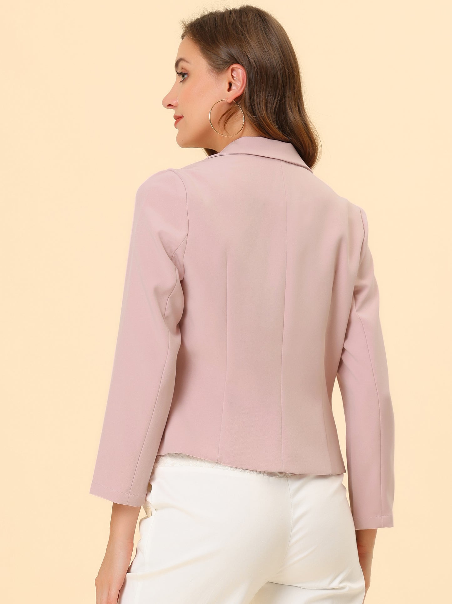 Allegra K Open Front Business Casual Workwear Crop Suit Blazer Jacket Pink-Solid