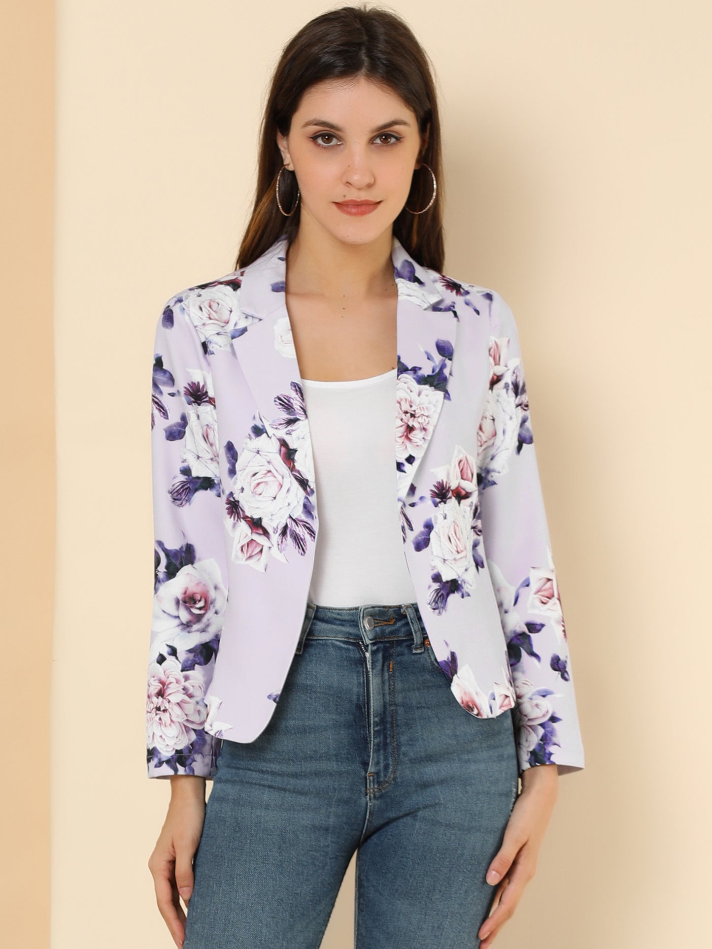 Allegra K Open Front Business Casual Workwear Crop Suit Blazer Jacket Purple-Floral