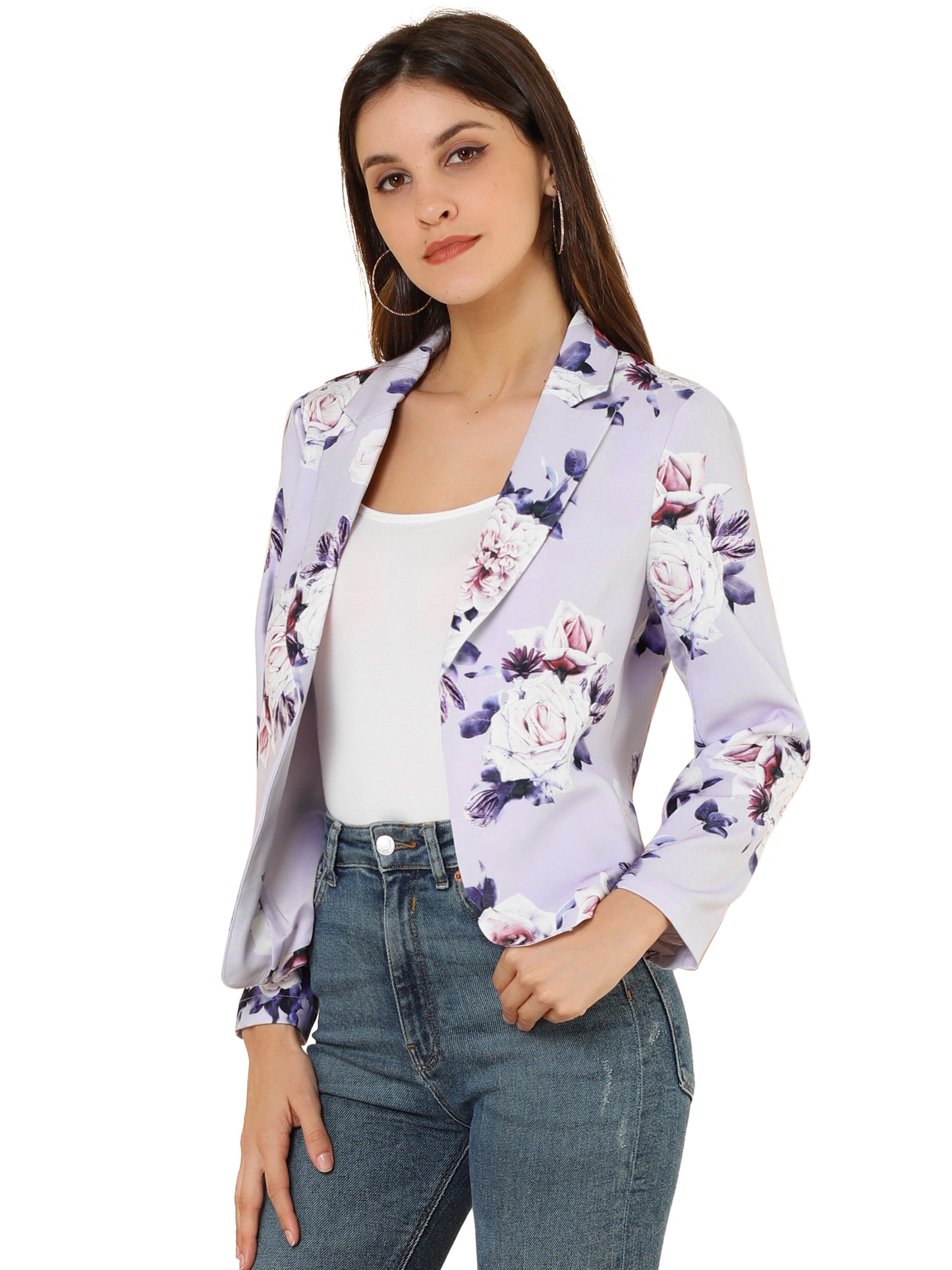 Allegra K Open Front Business Casual Workwear Crop Suit Blazer Jacket Purple-Floral