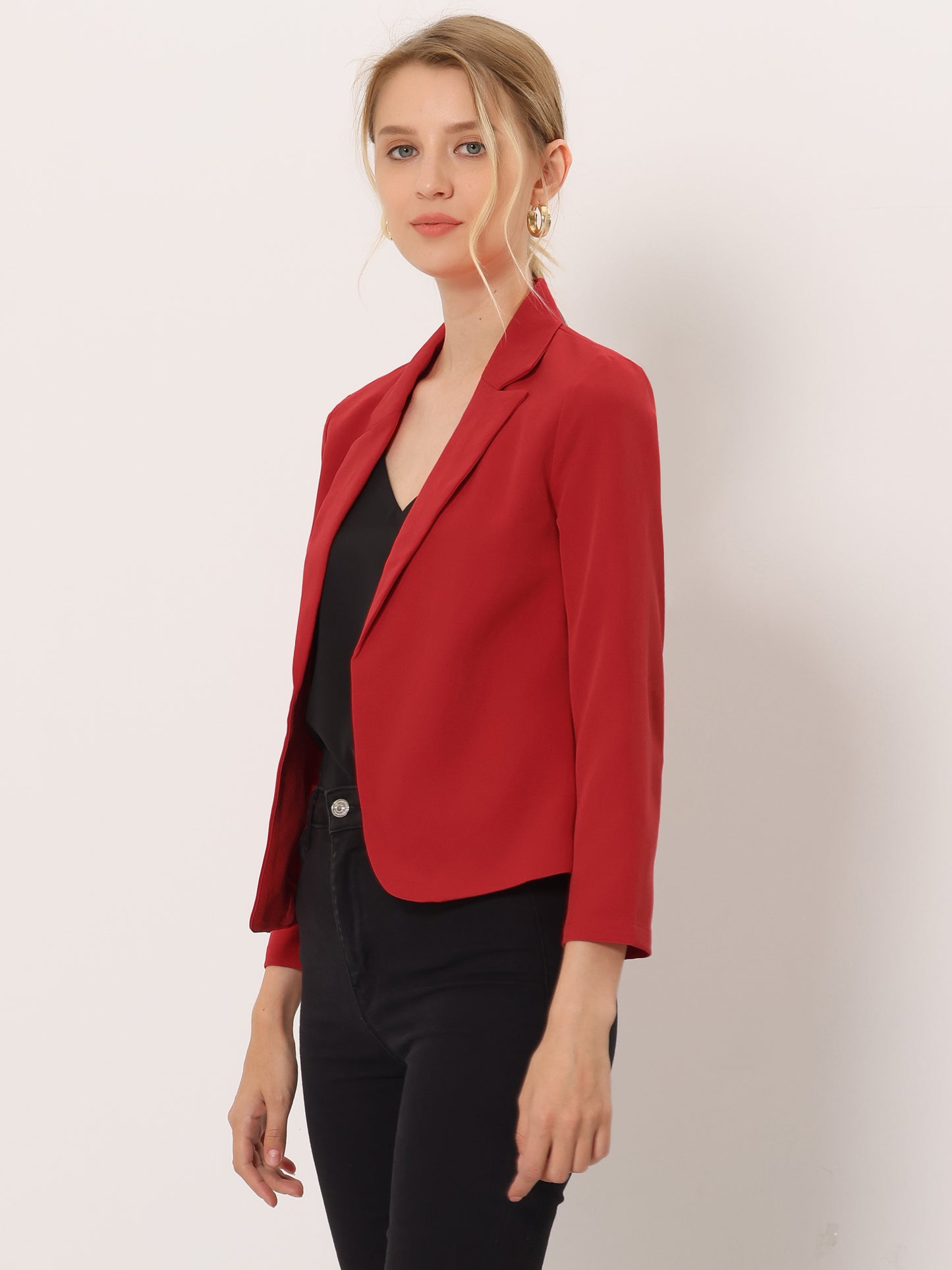 Allegra K Open Front Business Casual Workwear Crop Suit Blazer Jacket Red-Solid