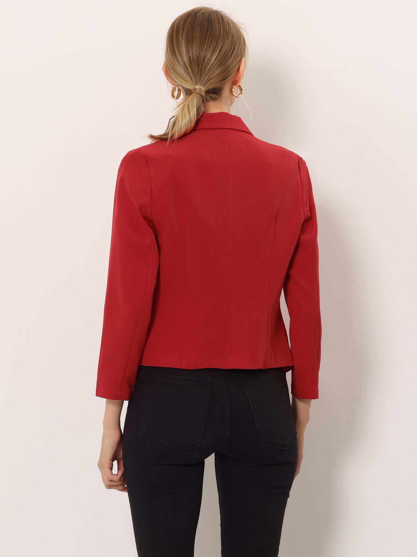 Allegra K Open Front Business Casual Workwear Crop Suit Blazer Jacket Red-Solid