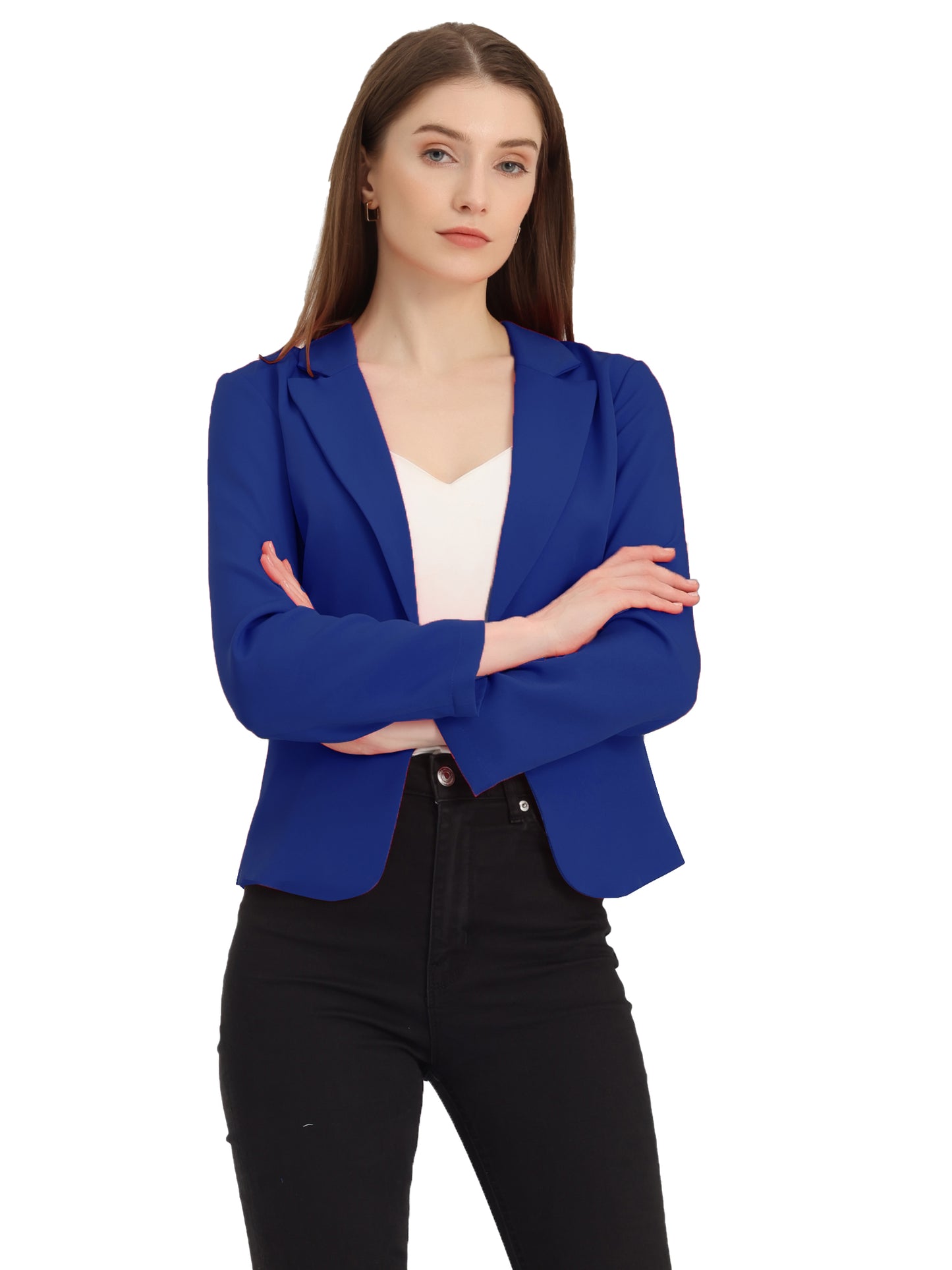 Allegra K Open Front Business Casual Workwear Crop Suit Blazer Jacket Royal Blue-Solid