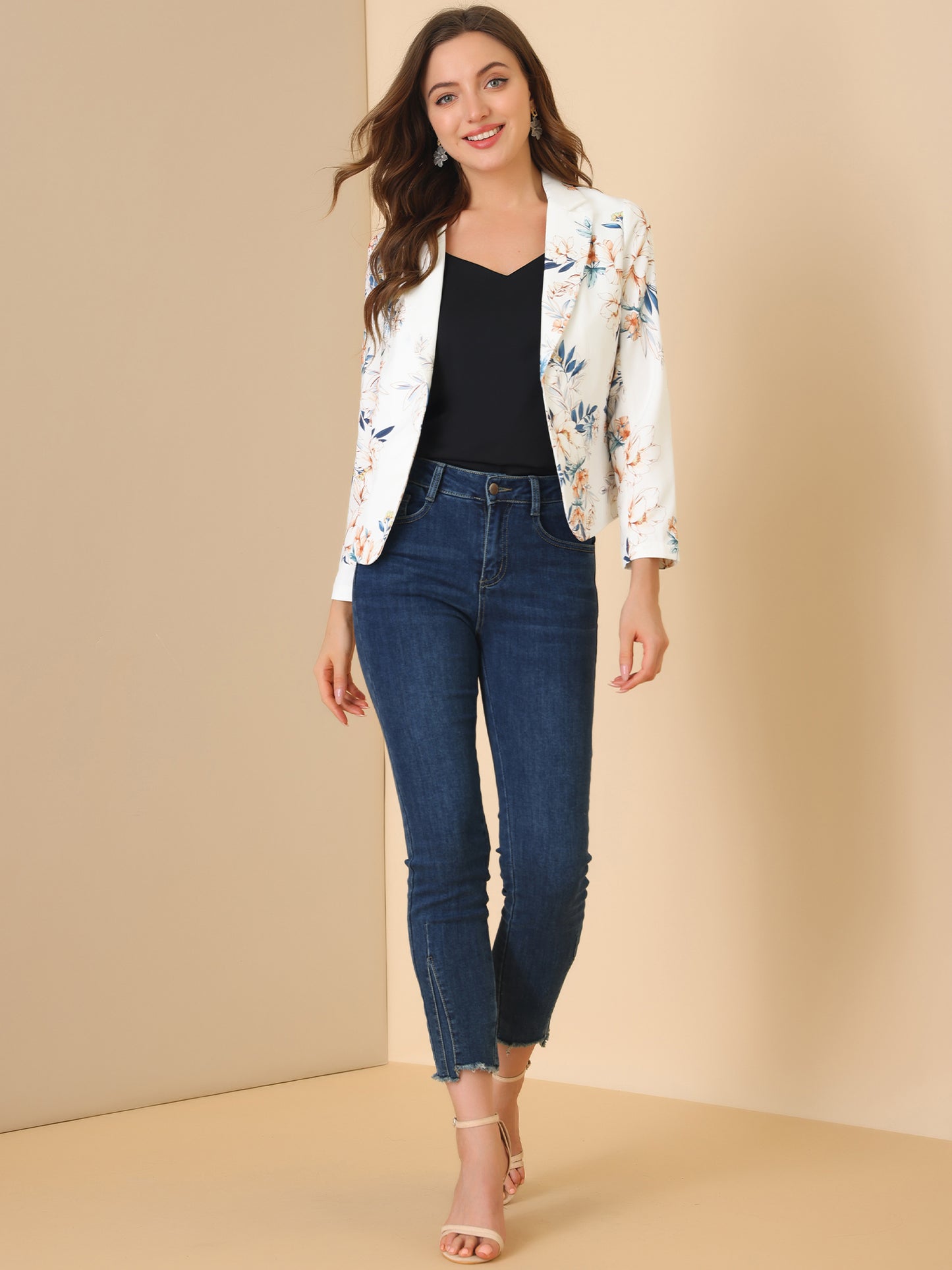 Allegra K Open Front Business Casual Workwear Crop Suit Blazer Jacket White-Floral