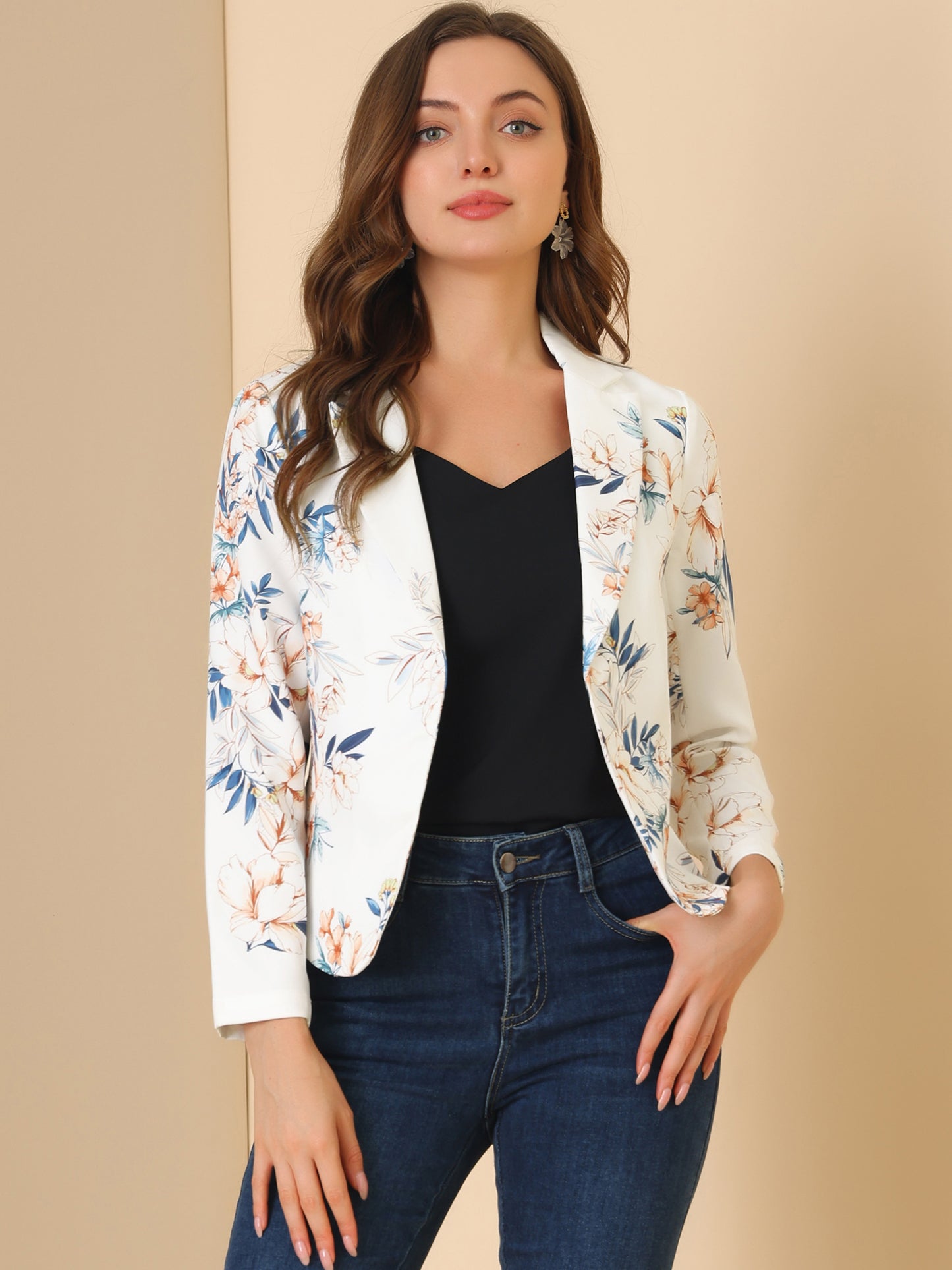 Allegra K Open Front Business Casual Workwear Crop Suit Blazer Jacket White-Floral