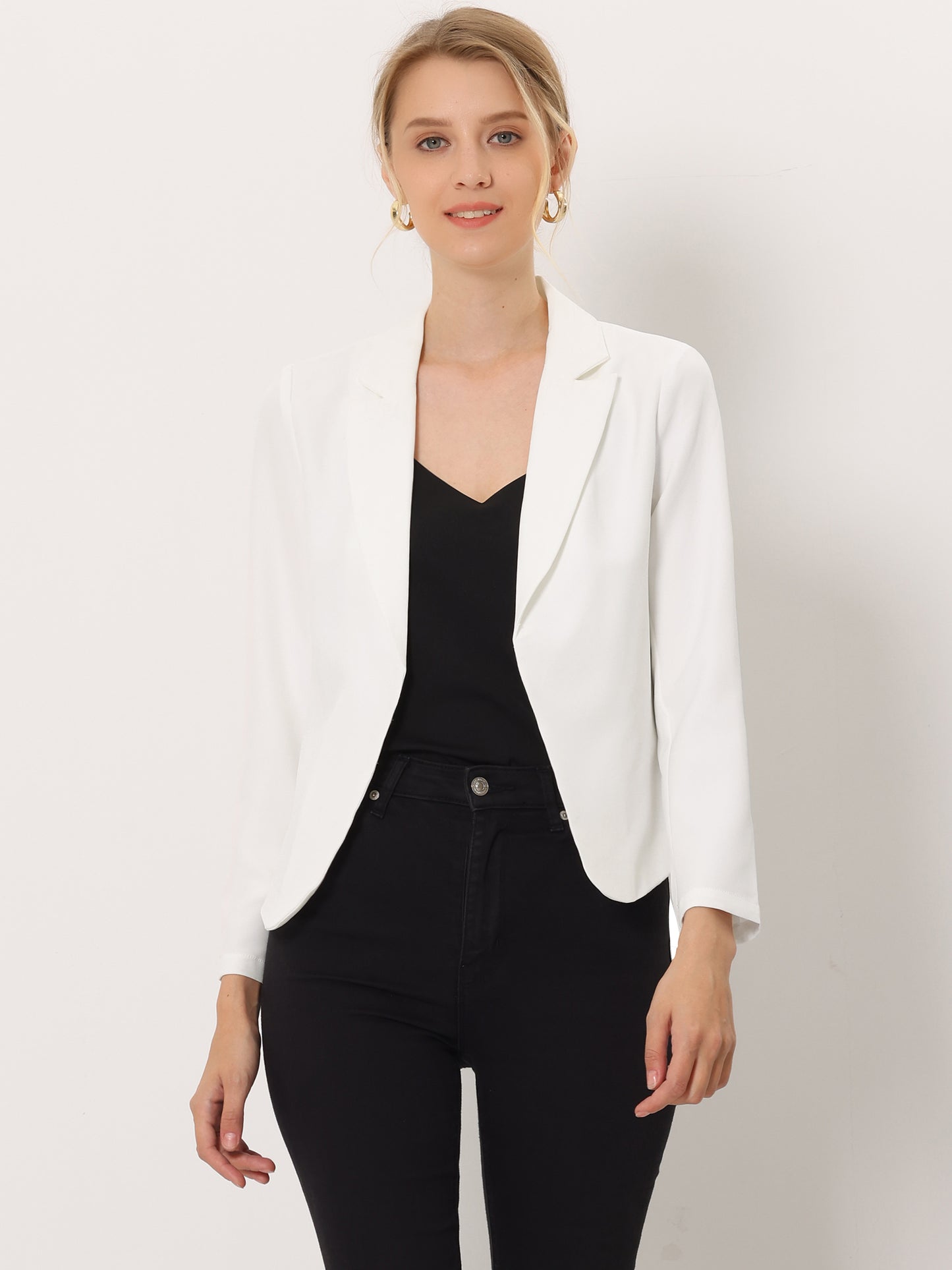 Allegra K Open Front Business Casual Workwear Crop Suit Blazer Jacket White-Solid