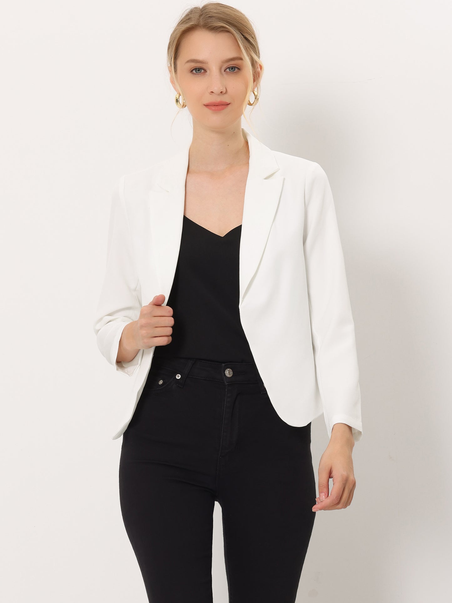 Allegra K Open Front Business Casual Workwear Crop Suit Blazer Jacket White-Solid