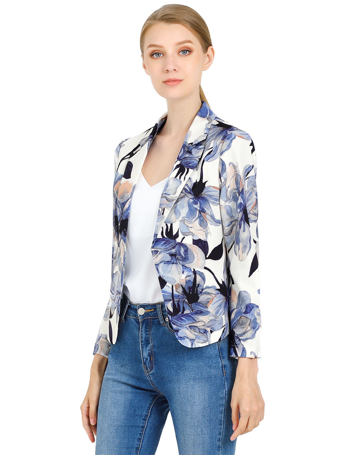 Allegra K Open Front Business Casual Workwear Crop Suit Blazer Jacket White Blue-Floral