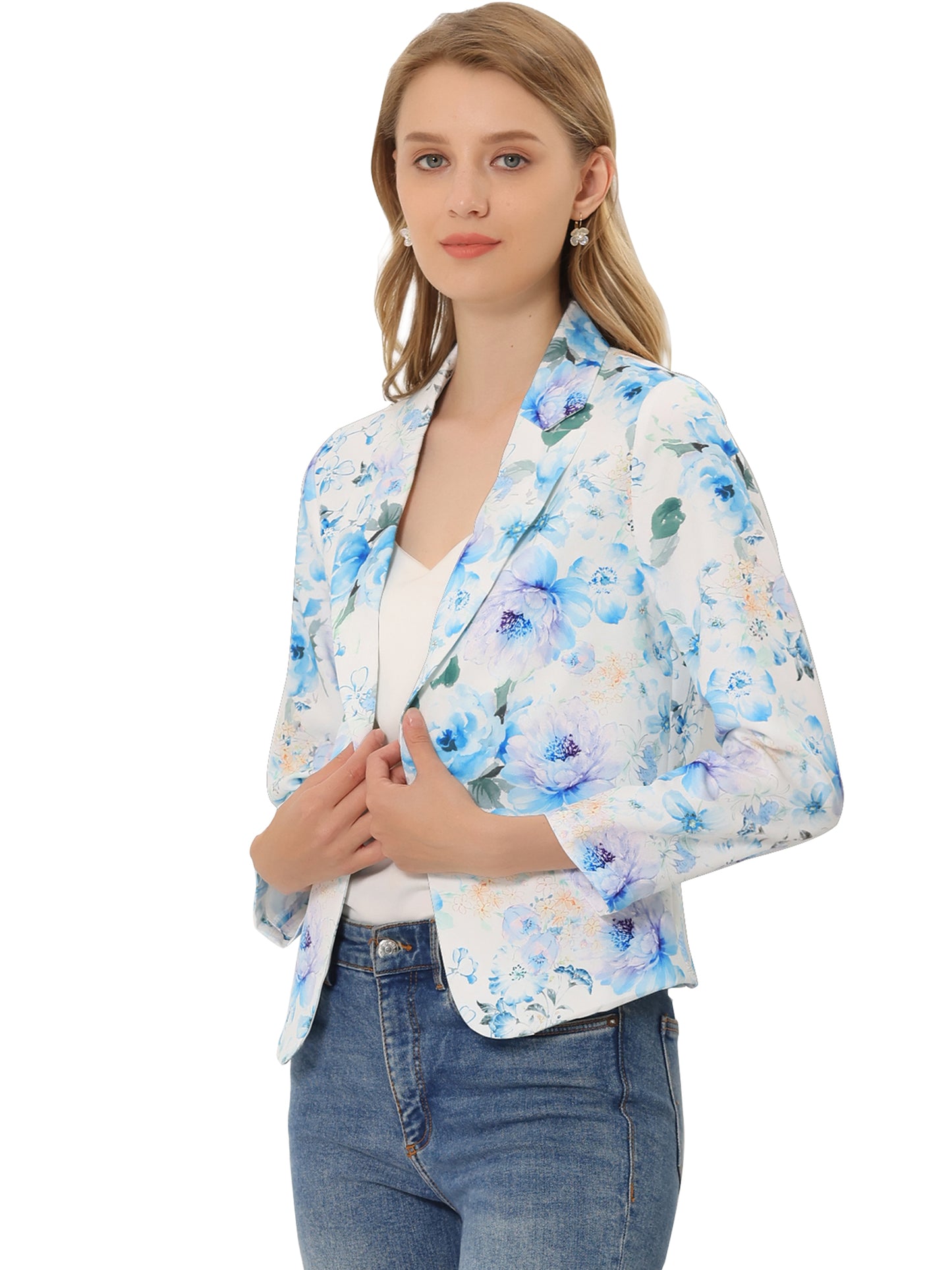 Allegra K Open Front Business Casual Workwear Crop Suit Blazer Jacket White Light Blue-Floral