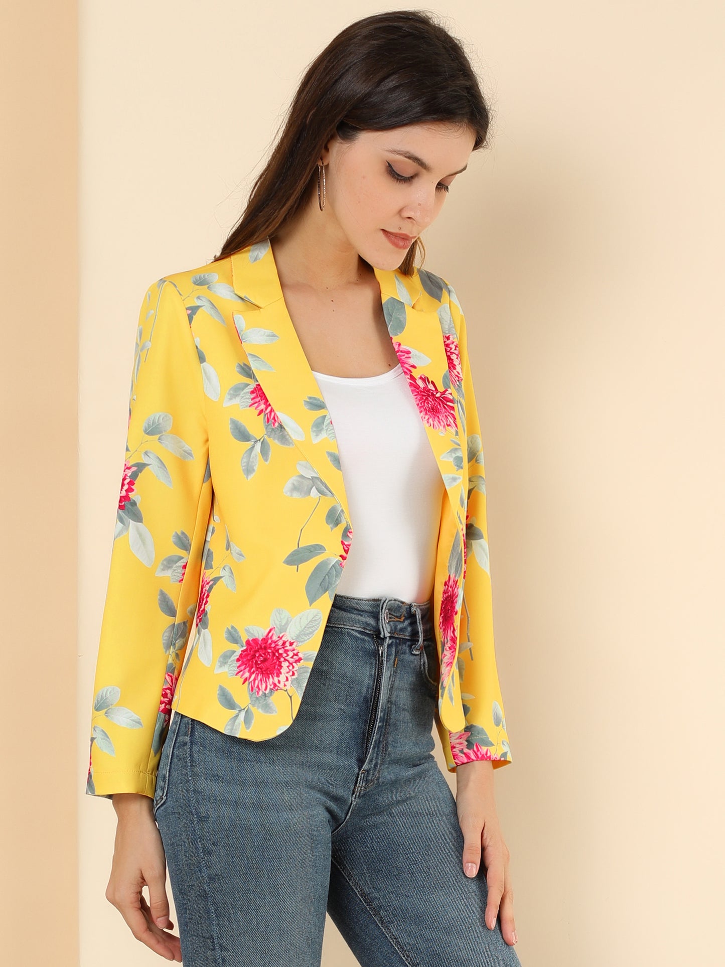 Allegra K Open Front Business Casual Workwear Crop Suit Blazer Jacket Yellow-Floral