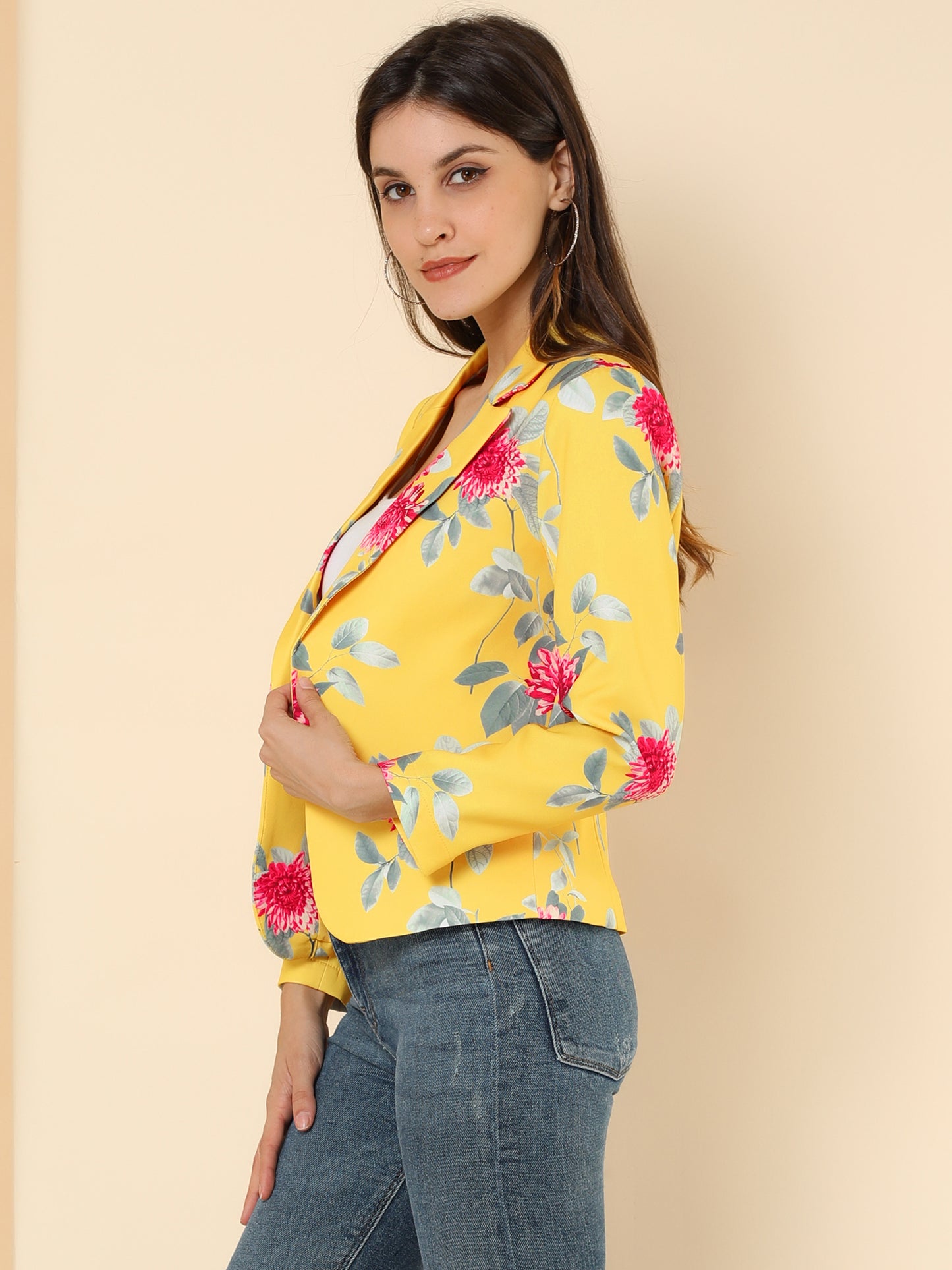 Allegra K Open Front Business Casual Workwear Crop Suit Blazer Jacket Yellow-Floral
