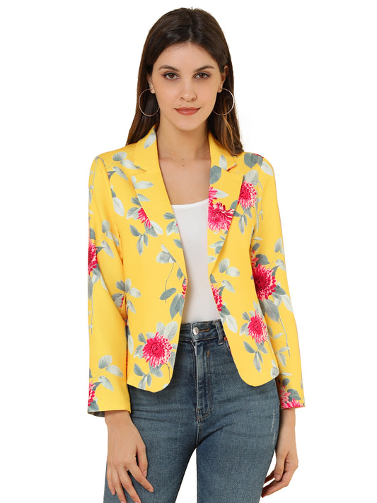 Allegra K Open Front Business Casual Workwear Crop Suit Blazer Jacket Yellow-Floral