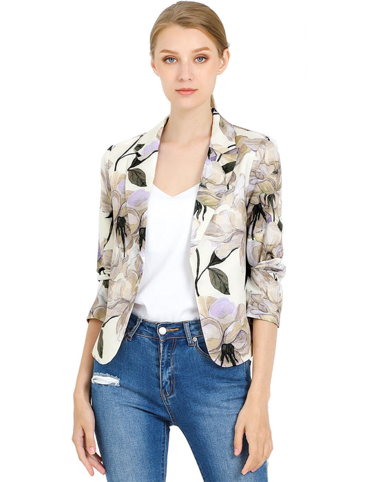 Allegra K Open Front Business Casual Workwear Crop Suit Blazer Jacket Beige Purple-Floral