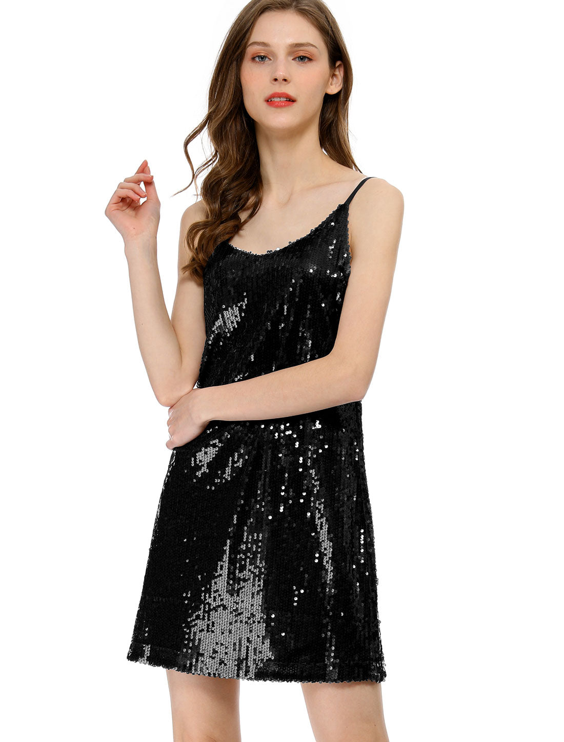Allegra K Glitter Sequin Dress V Neck Spaghetti Strap Mini Party Dress Clubwear Black