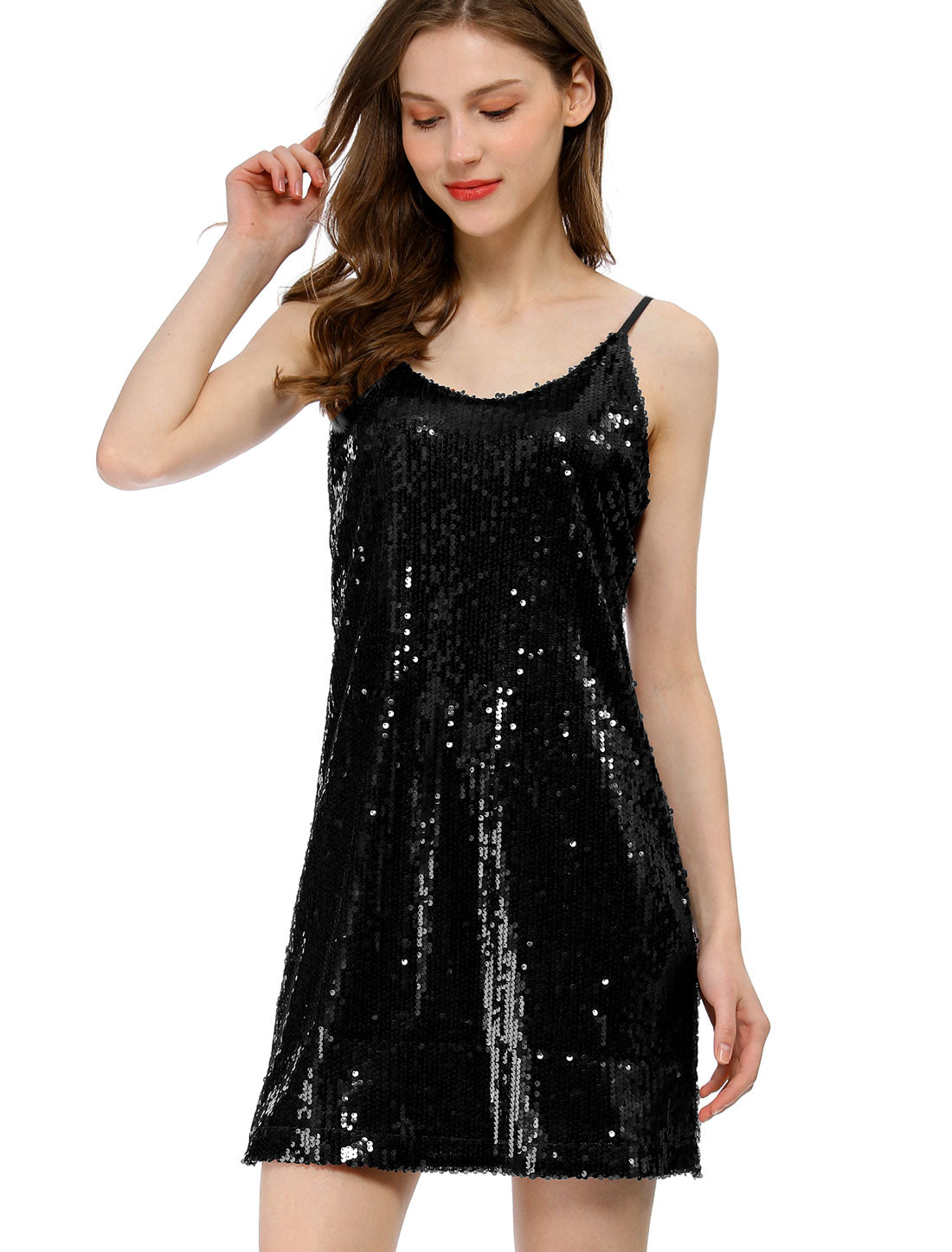 Allegra K Glitter Sequin Dress V Neck Spaghetti Strap Mini Party Dress Clubwear Black