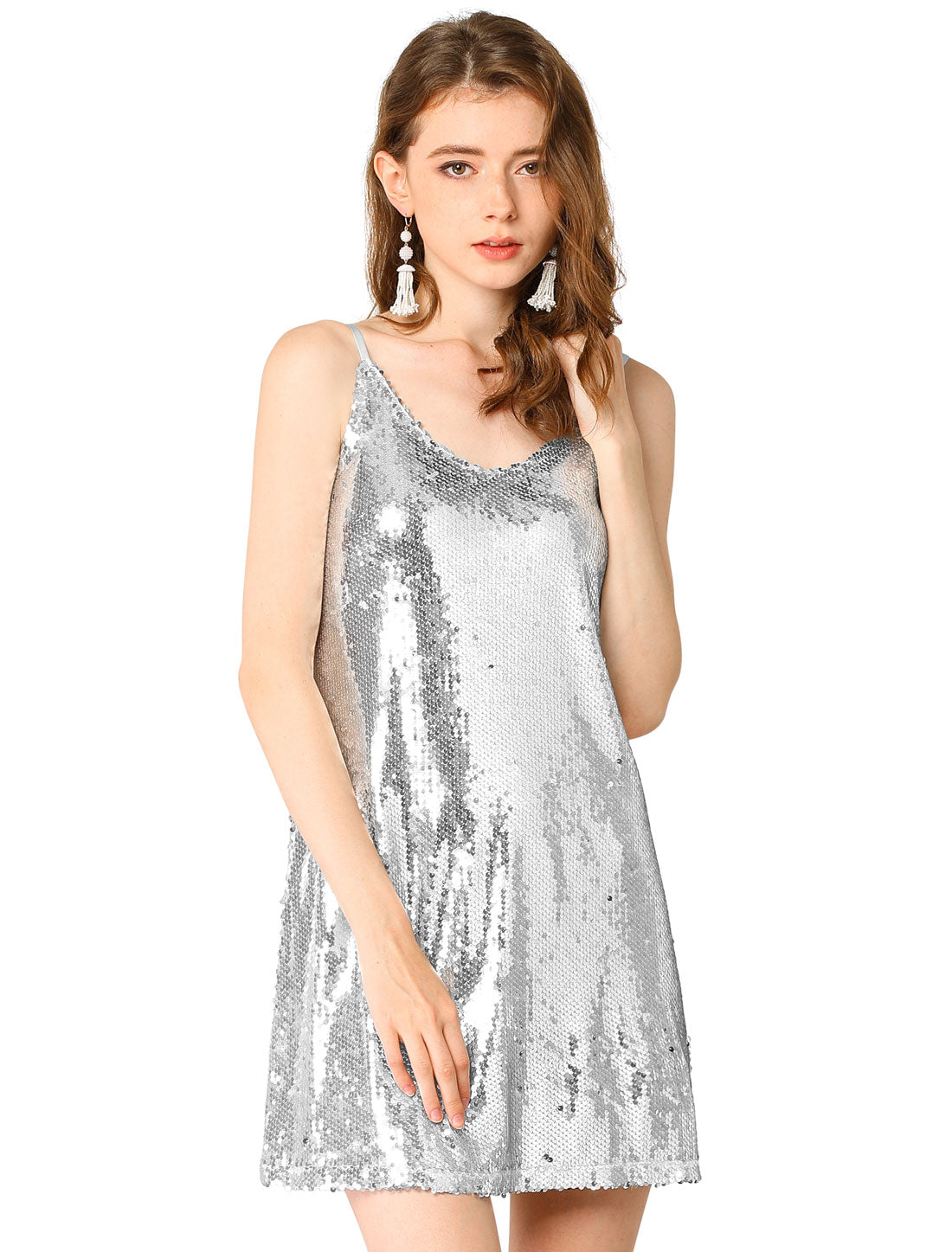 Allegra K Glitter Sequin Dress V Neck Spaghetti Strap Mini Party Dress Clubwear Silver