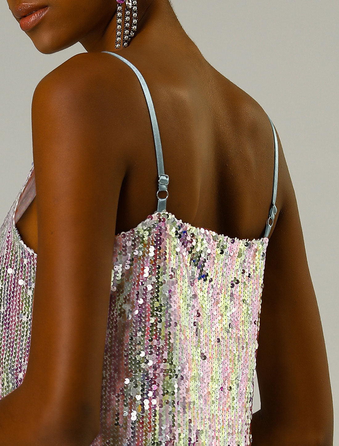 Allegra K Glitter Sequin Dress V Neck Spaghetti Strap Mini Party Dress Clubwear Silver (with pinks)