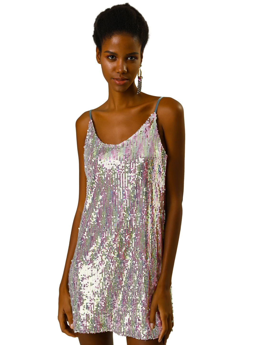 Allegra K Glitter Sequin Dress V Neck Spaghetti Strap Mini Party Dress Clubwear Silver (with pinks)