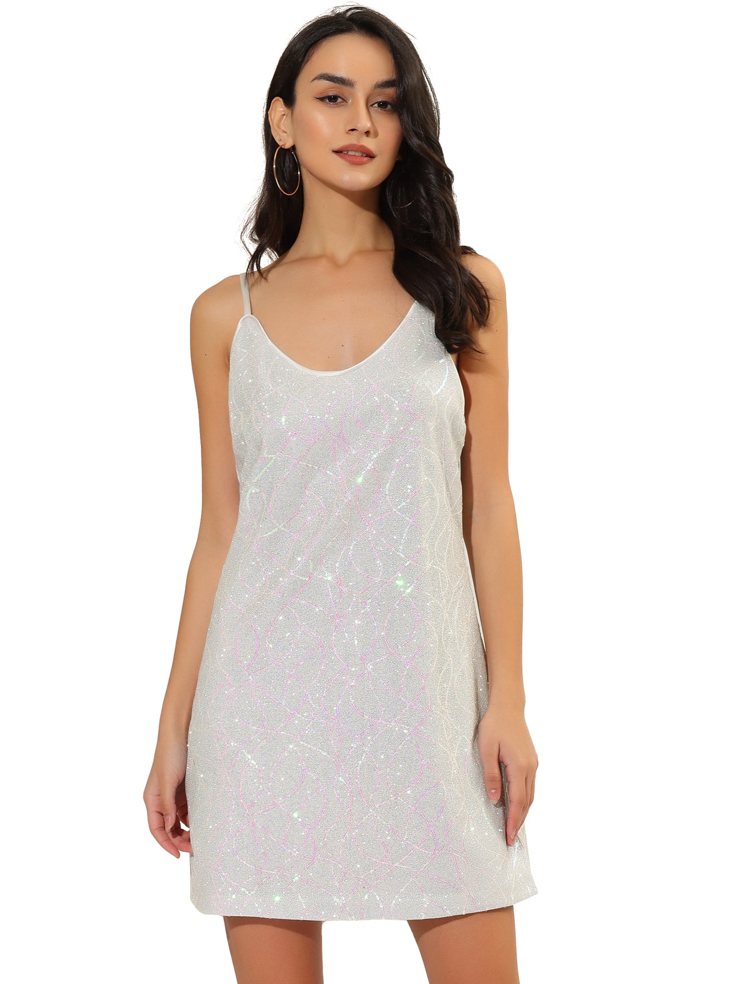 Allegra K Glitter Sequin Dress V Neck Spaghetti Strap Mini Party Dress Clubwear White (with pinks)