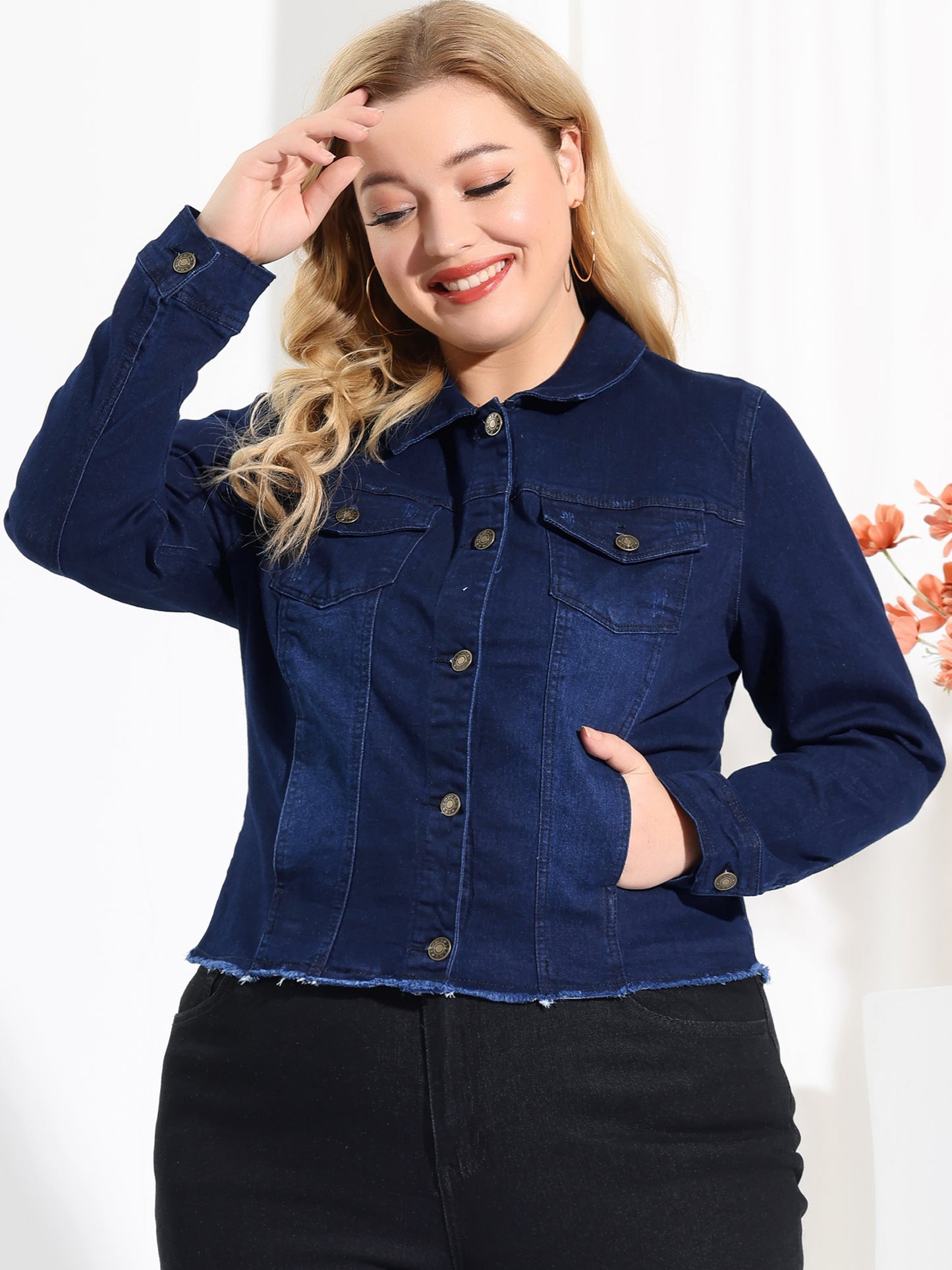 Agnes Orinda Plus Size Classic Washed Front Frayed Denim Jacket Black Blue