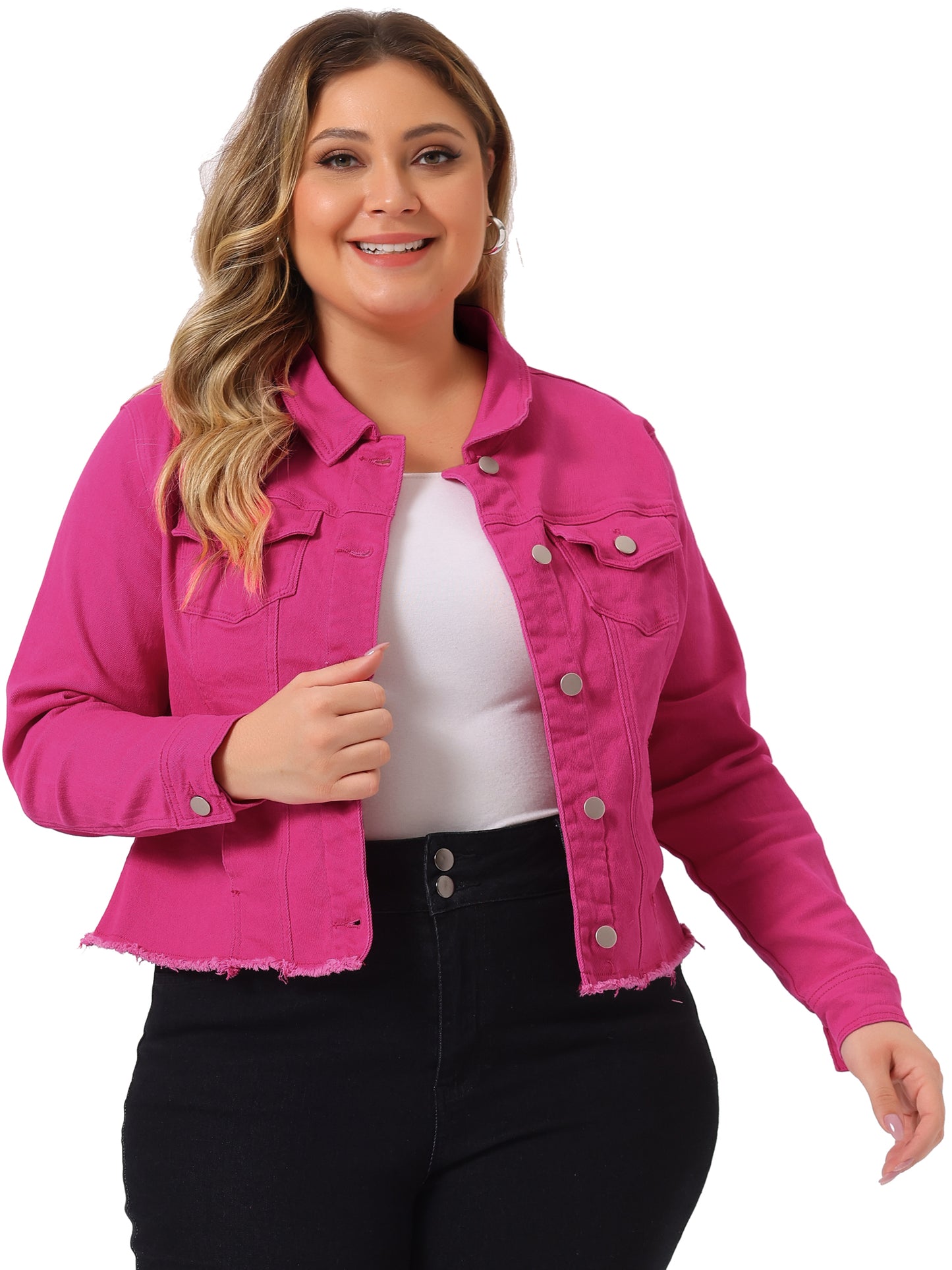 Agnes Orinda Plus Size Classic Washed Front Frayed Denim Jacket Hot Pink