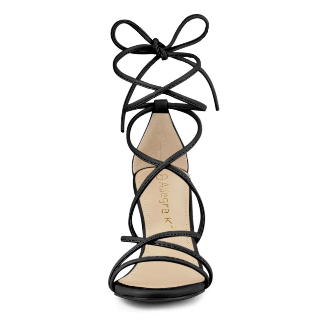 Allegra K Strappy Straps Lace Up Chunky Gold Heel Sandals Black