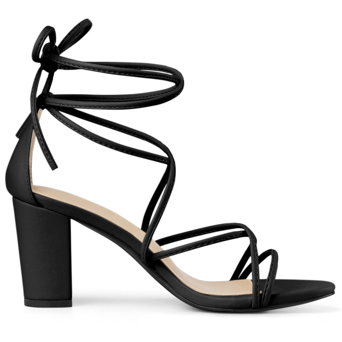 Allegra K Strappy Straps Lace Up Chunky Gold Heel Sandals Black