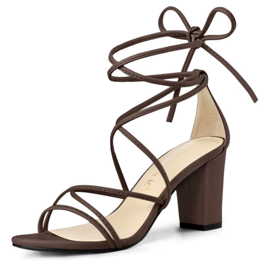 Allegra K Strappy Straps Lace Up Chunky Gold Heel Sandals Coffee