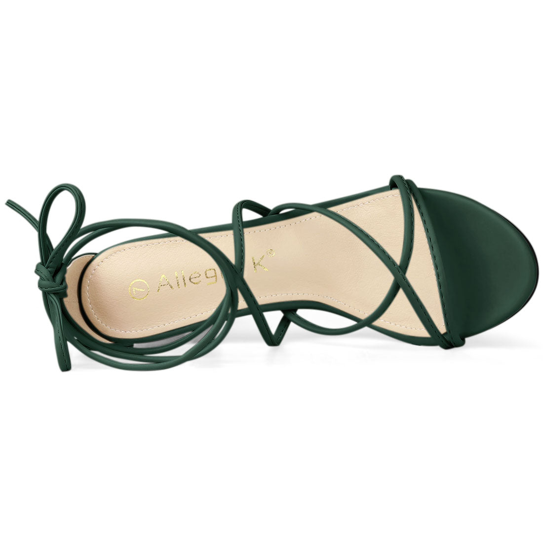 Allegra K Strappy Straps Lace Up Chunky Gold Heel Sandals Dark Green