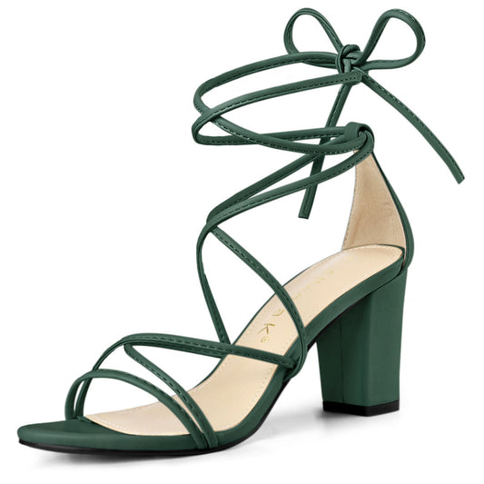 Allegra K Strappy Straps Lace Up Chunky Gold Heel Sandals Dark Green