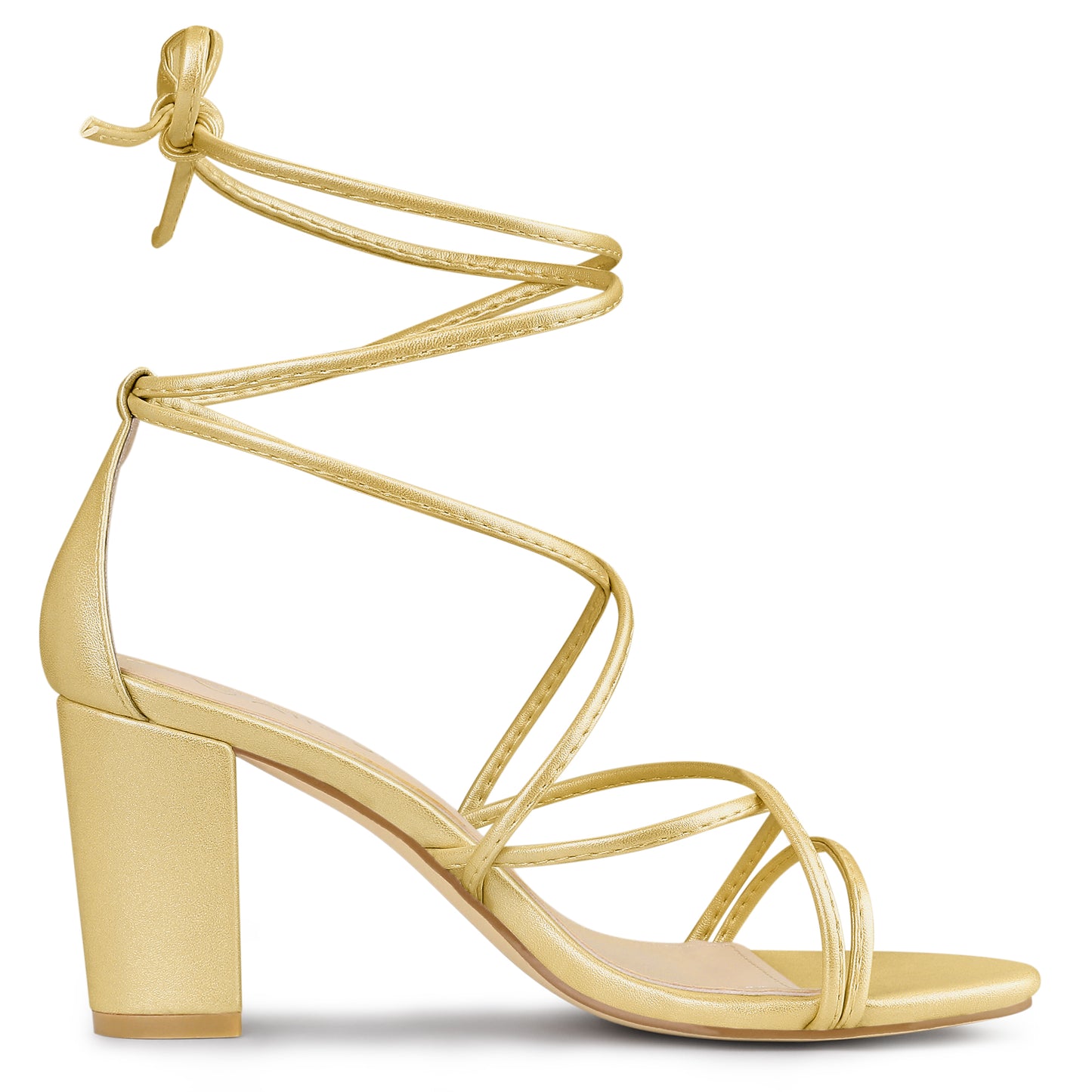 Allegra K Strappy Straps Lace Up Chunky Gold Heel Sandals Gold