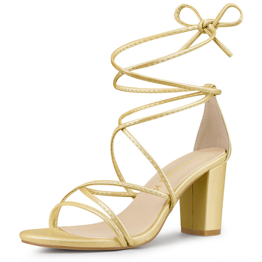 Allegra K Strappy Straps Lace Up Chunky Gold Heel Sandals Gold