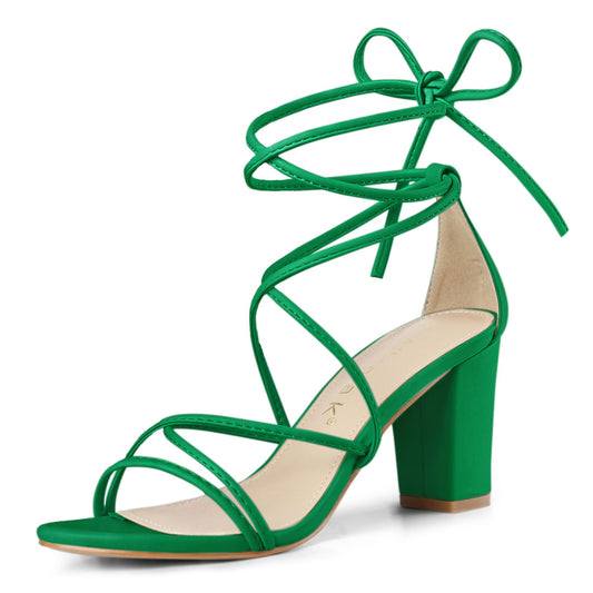 Allegra K Strappy Straps Lace Up Chunky Gold Heel Sandals Green
