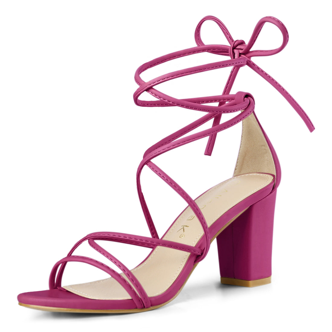 Allegra K Strappy Straps Lace Up Chunky Gold Heel Sandals Hot Pink