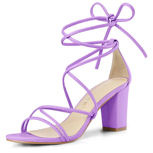 Allegra K Strappy Straps Lace Up Chunky Gold Heel Sandals Lavender