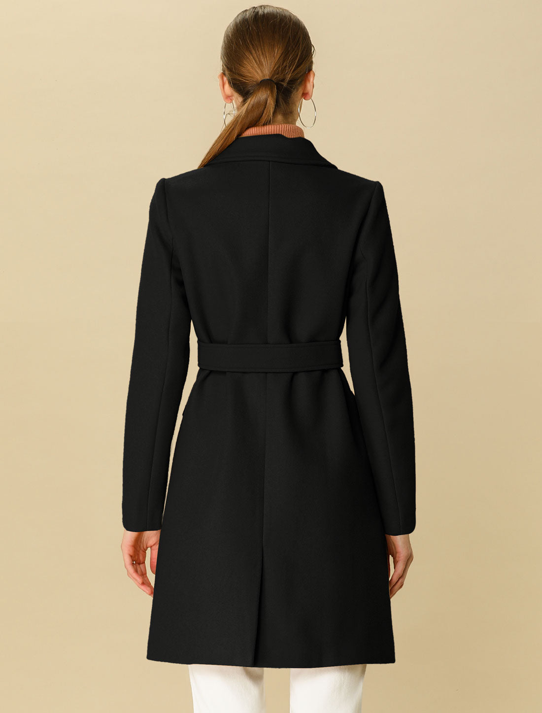 Allegra K Notch Lapel Double Breasted Belted Mid Long Outwear Winter Coat Black