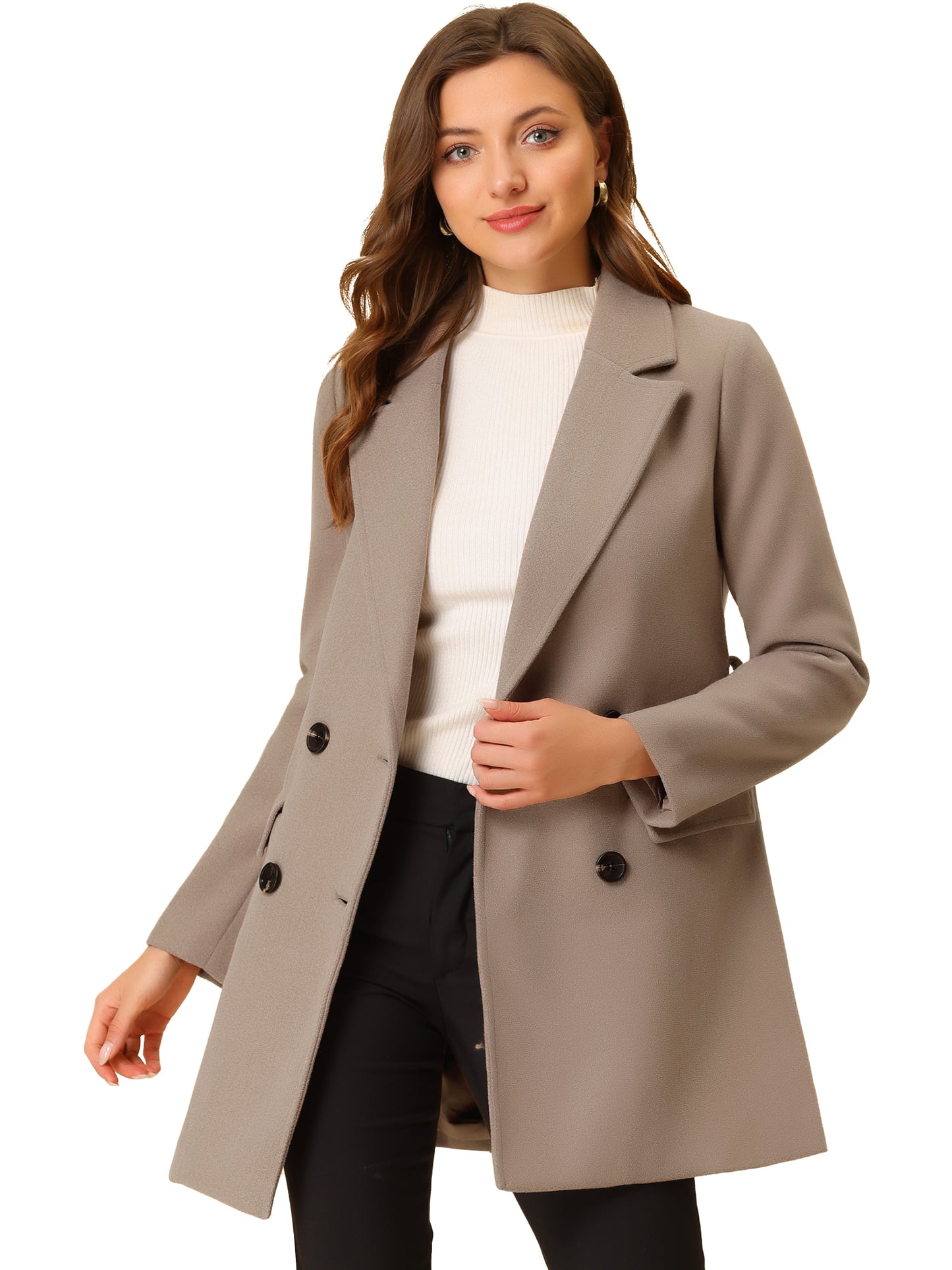 Allegra K Notch Lapel Double Breasted Belted Mid Long Outwear Winter Coat Brown