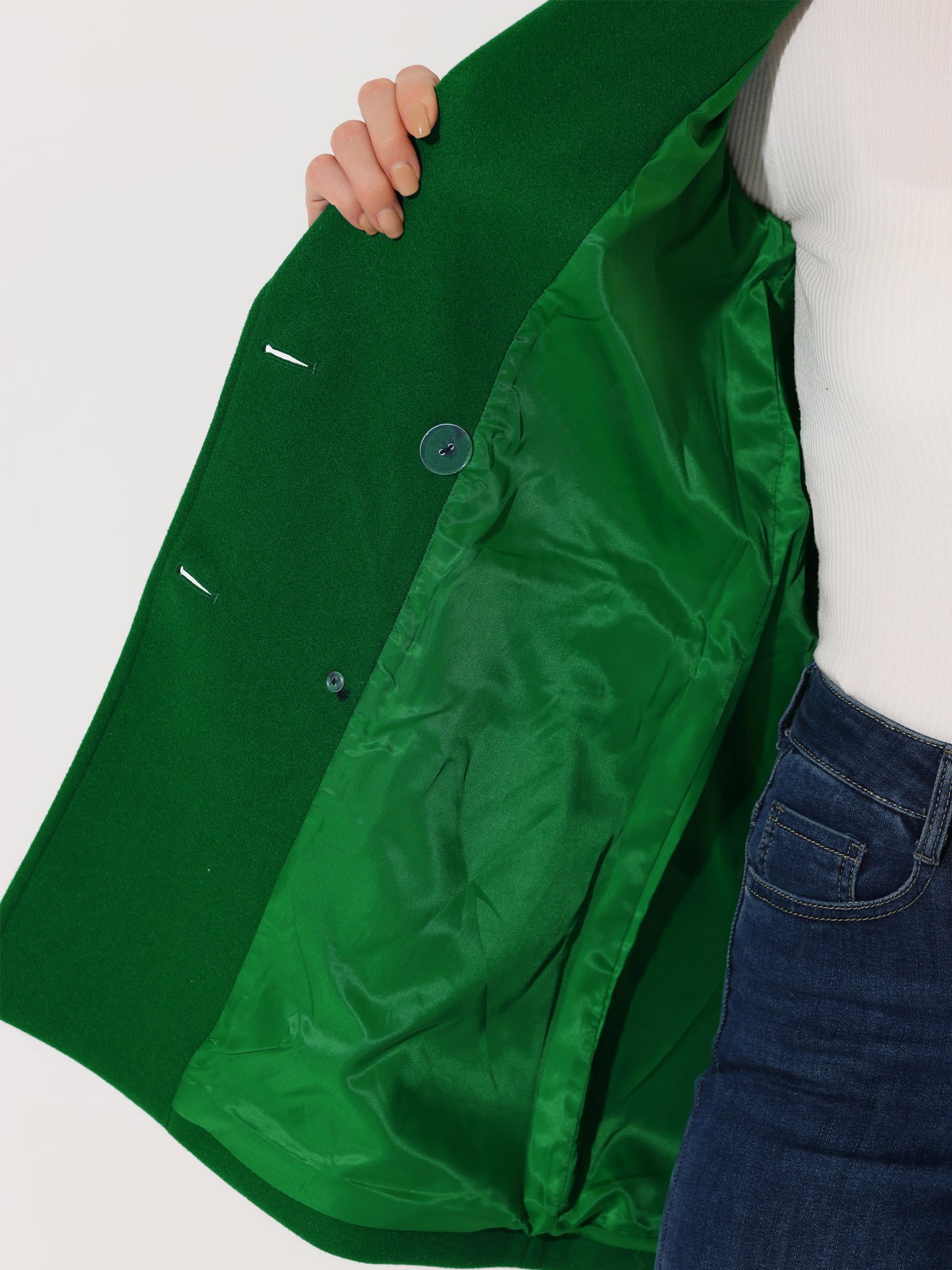 Allegra K Notch Lapel Double Breasted Belted Mid Long Outwear Winter Coat Dark Green