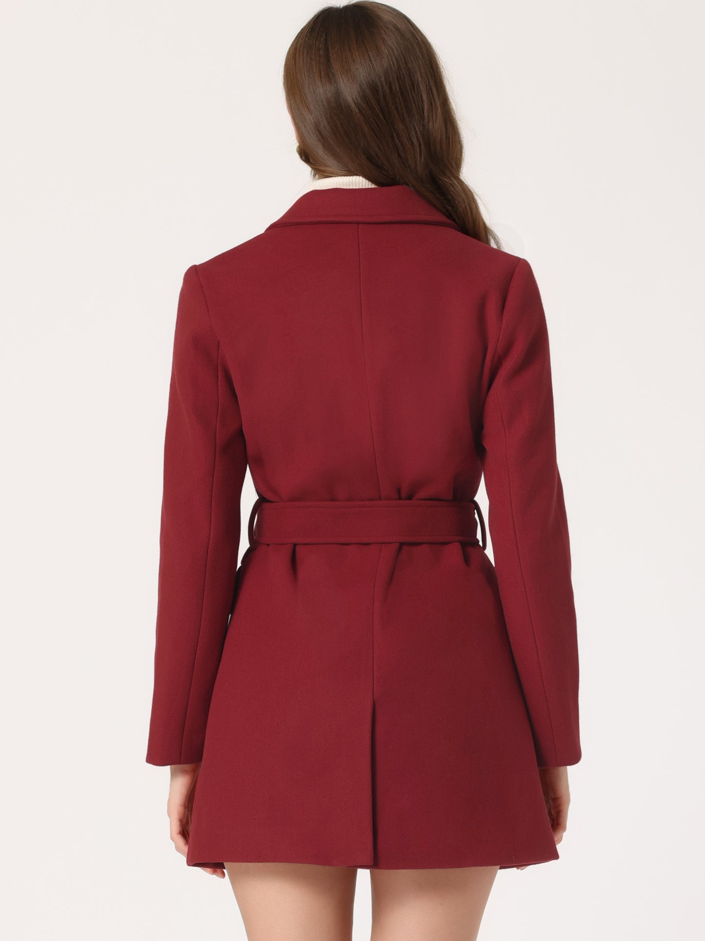 Allegra K Notch Lapel Double Breasted Belted Mid Long Outwear Winter Coat Dark Red