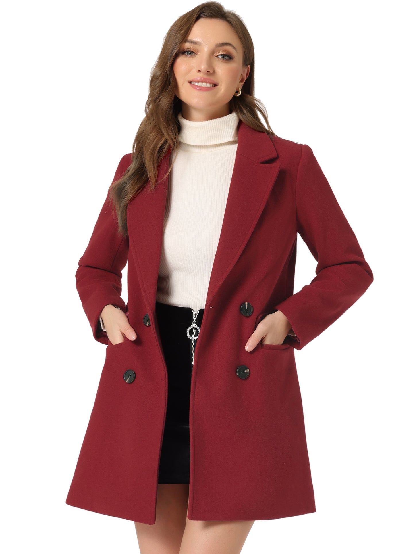 Allegra K Notch Lapel Double Breasted Belted Mid Long Outwear Winter Coat Dark Red